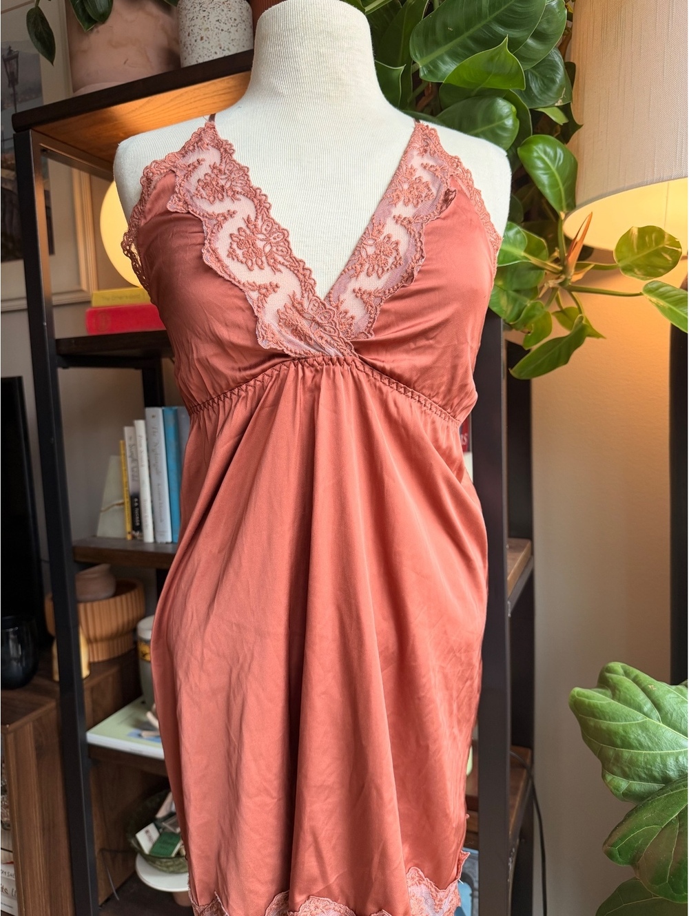 Women's Lace Trimmed Rust-Colored Slip Dress, Medium